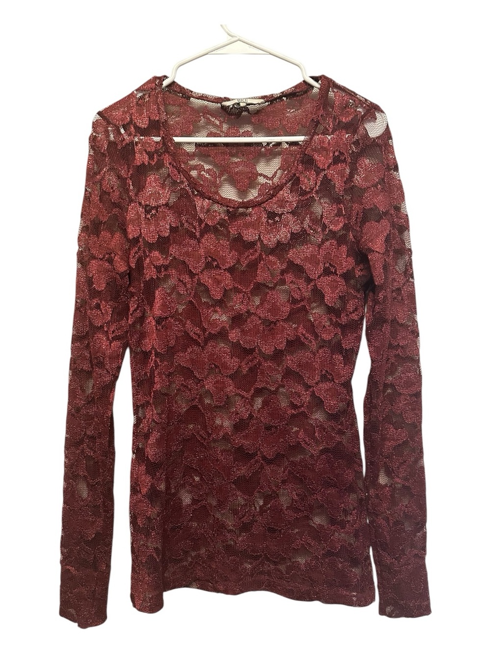 Vintage Y2K BKE Maroon Sheer Lace Floral Lons Sleeve V-Neck Blouse Size Medium